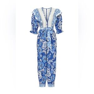 Farm Rio Linen Full of Flowers Blue Floral Lace Ruffle Jumpsuit size XS Bohemian